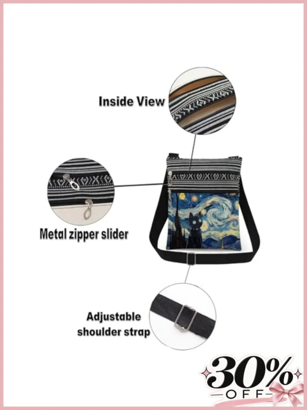 Starry Cat Adjustable Strap Crossbody Purse Polyester Sling Bag